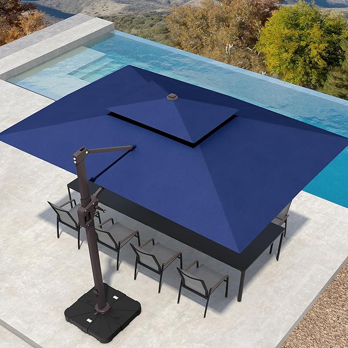 10' X 13' Patio Umbrella with Weighted Base and LED Lights Outdoor Cantilever Large Rectangle Offset Umbrellas Heavy Duty Aluminum Double Top with 360-degree Rotation for Pool Garden Deck, Navy