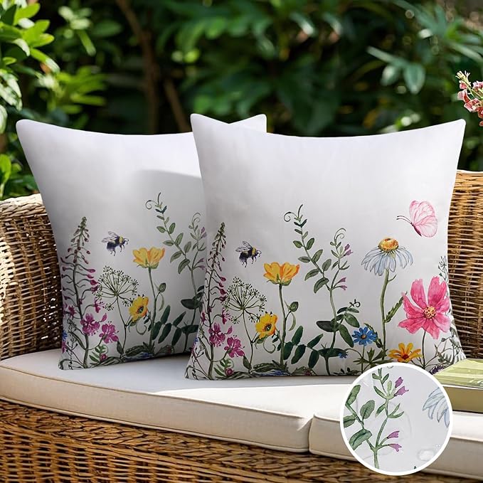 Merrycolor Waterproof Outdoor Flower Pillow Covers Spring Decorations for Home Spring Summer Throw Pillow Covers18×18 Pack of 2 Farmhouse Cushion Covers for Tent Porch Swing Patio Garden Couch Sofa