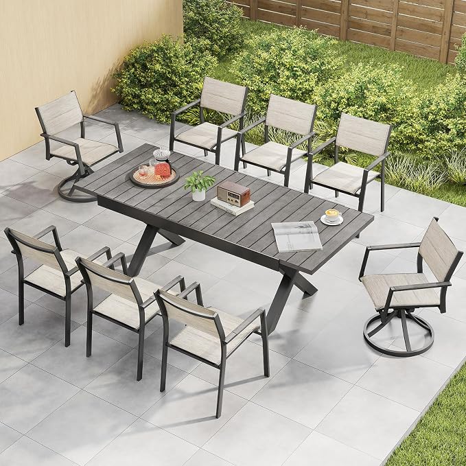 Extendable Patio Dining Set for 8, Never-Rust Aluminum Outdoor Dining Set with 2 Swivel Chairs, Expandable Dining Table and 6 Double-Layer Textilene Chairs, Patio Furniture Set, Limed Oak