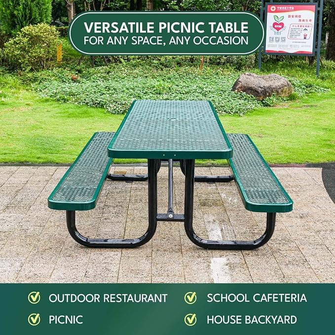 6 ft Outdoor Picnic Table with Umbrella Hole, Heavy-Duty Steel Frame, Rectangular Weather-Resistant Dining Table for Backyard, Patio & Garden, Green