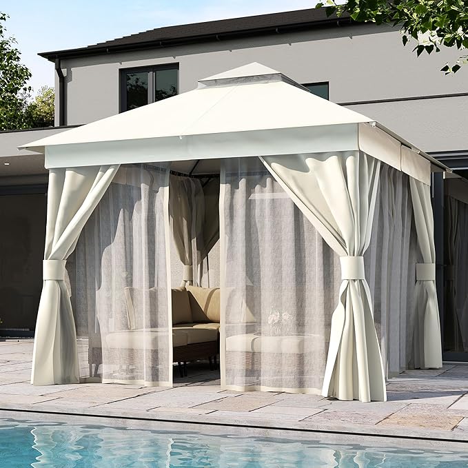LAUSAINT HOME 10'x10' Outdoor Gazebo, Metal Frame Heavy Duty Patio Canopy Tent Shelter with Double Roofs, Mosquito Nettings and Privacy Screens for Backyard, Garden, Lawn, Cream White