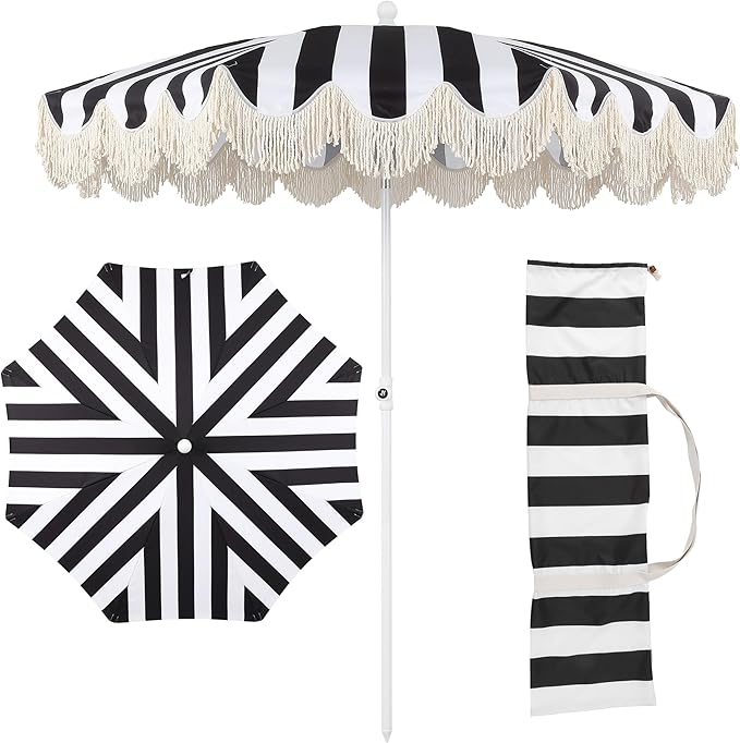 JONATHAN Y Mariner 6.5 ft. Beach Umbrella, Black/White Striped with Fringe, Push-Button Tilt, UPF 50+ Sun Protection and Carrying Bag for Patio and Pool, White Pole UMB1003Q