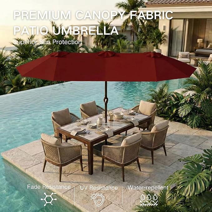 Kingdura 15ft Large Patio Umbrella with Base Included, Double-Sided Rectangle Outdoor Table Umbrella with 12 Reinforced Ribs, Crank Lift for Market Pool Deck Backyard, Dark red