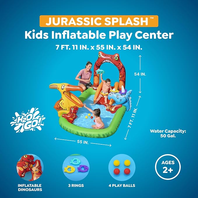 H2OGO! Jurassic Splash Inflatable Water Play Center, 7'11" x 55" x 54" Kids Outdoor Activity Center with Water Archway Slide, Games, & Splash Pool