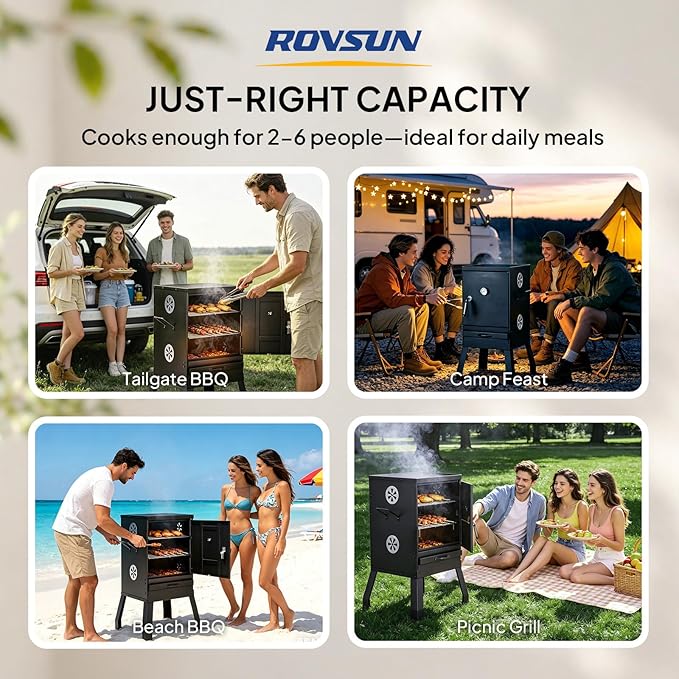 ROVSUN 2-in-1 Outdoor Smoker with Door, Vertical Portable Charcoal Grill with Two Detachable Grill Smoking Racks and Charcoal Pan, Perfect for Camping Barbecue, Small Families, Black
