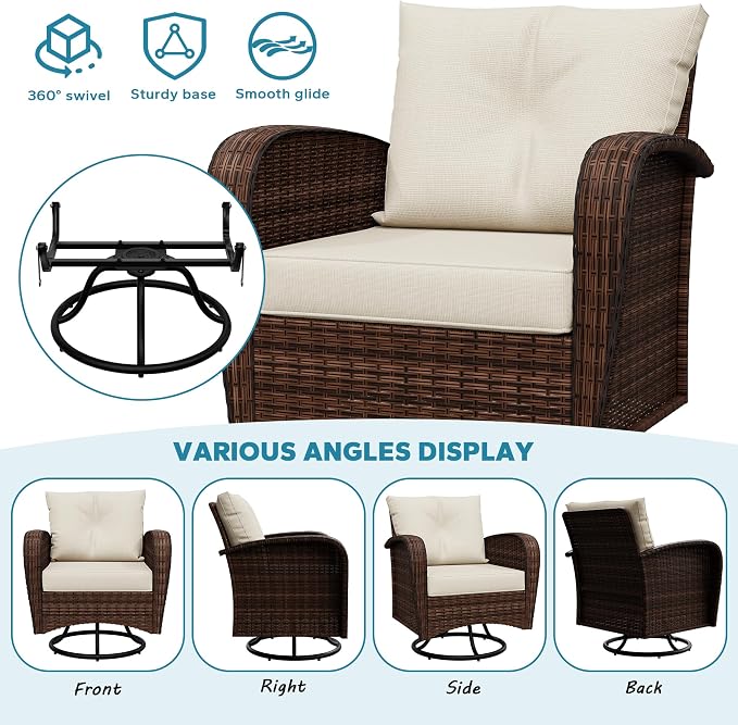 7 Pieces Patio Set, 73" PE Rattan Sofa, Coffee Table, Wicker Swivel Glider Chairs, Outdoor Conversation Furniture with Removble Cushion, Loveseat Couch for Porch, Deck, Lawn (Beige)
