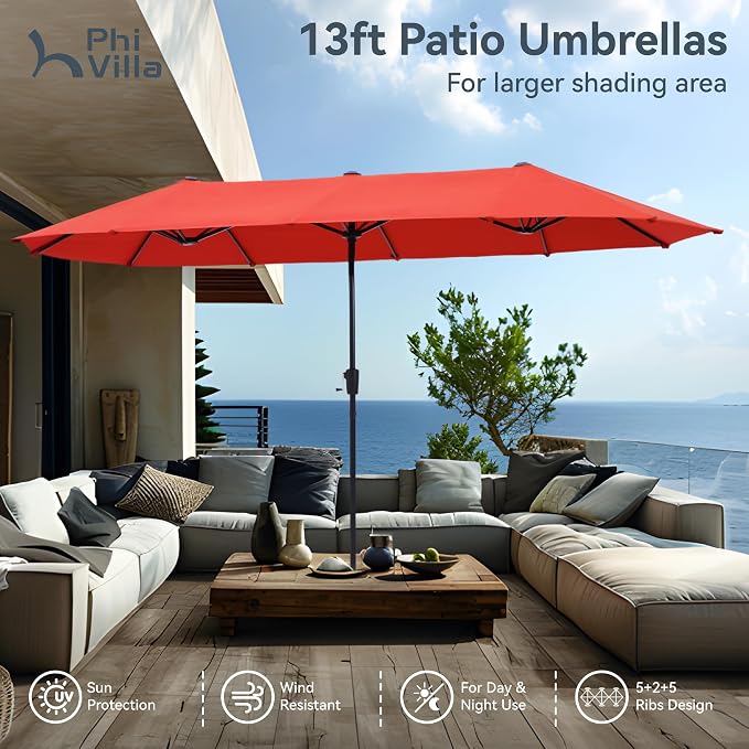 PHI VILLA Patio Dining Set with Orange Red Umbrella, Outdoor Dining Set with Metal Table & Adjustable Folding Chairs for Garden Deck Poolside (No Umbrella Base)