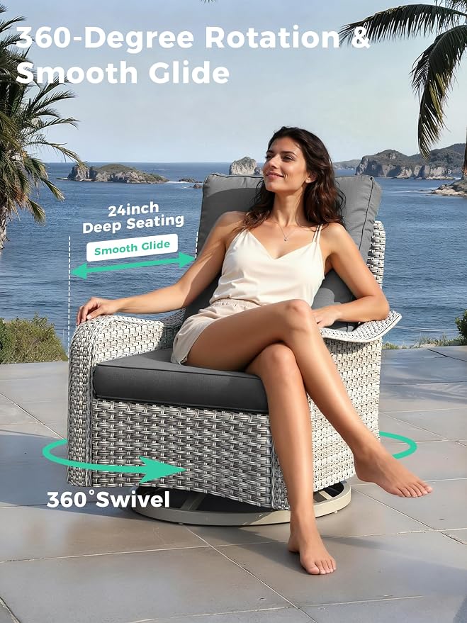 10 Piece Outdoor Wicker Patio Set with Swivel Chairs & Fire Pit Table, 7-Seats with 4" Thickened Cushions & Coffee Table, All-Weather PE Rattan for Garden, Backyard, Charcoal Gray