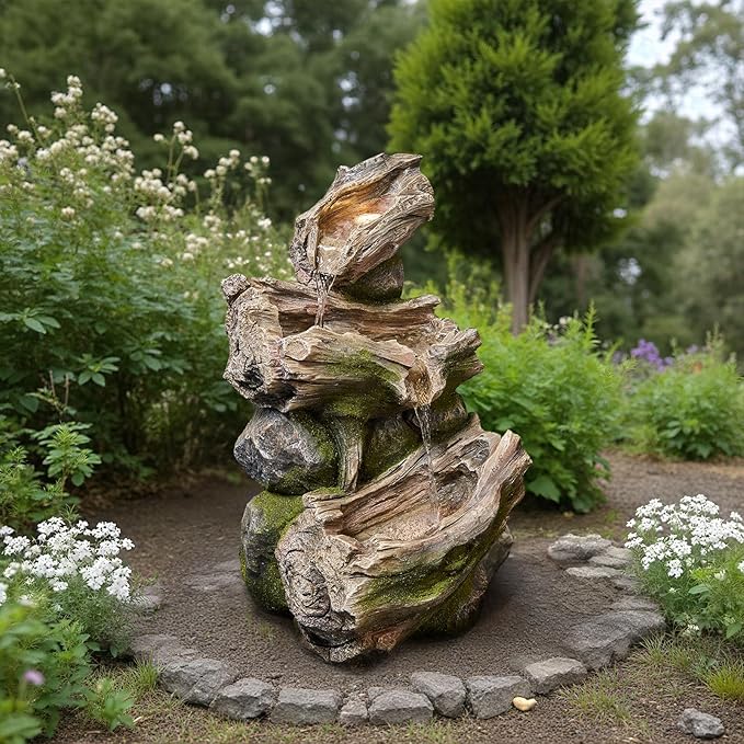 20-Inch Outdoor Water Fountain, 3-Tier Cascading Faux Wood Tree Trunk Resin Waterfall Fountain with 3 Warm LED Lights, Water Feature Decor for Garden, Yard, Patio, Deck, Porch or Lawn in Gray