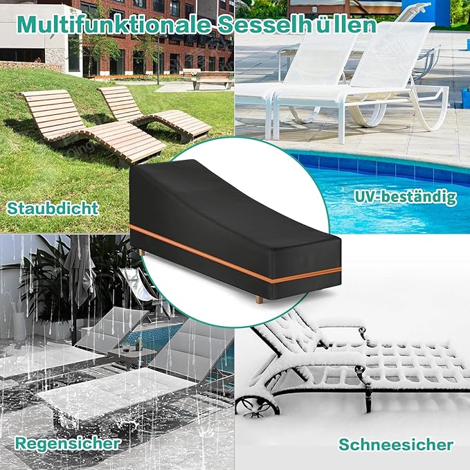 Waterproof Outdoor Chaise Lounge Chair Cover - 600D Heavy Duty Windproof Patio Lounge Chair Cover, Pool Lounge Covers All Weather Protection (79"x30"x28" H, Black)