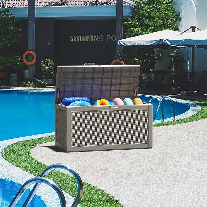 NUNU LAB 100 Gallon Large Waterproof Resin Deck Box, Lockable Outdoor Storage Box with Gas Lift, Patio Cushions, Garden Tools, Pool Supplies, Indoor Outdoor Storage Container, Grey