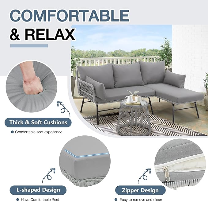 EROMMY 3 Piece Boho Patio Conversation Sets, L-Shaped Sectional Patio Furniture Sofa Set with Thick Cushions and Toughened Glass Coffee Table for Backyard Balcony Garden Porch, Gray