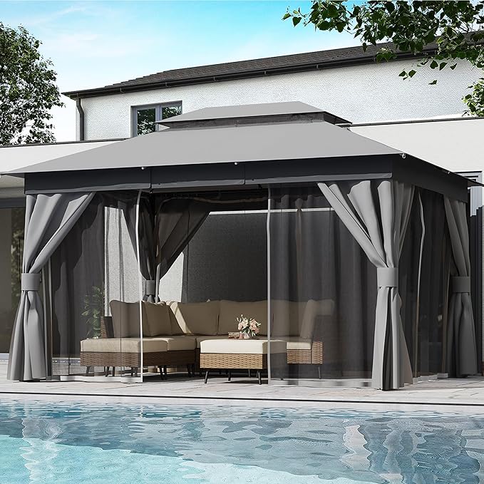 LAUSAINT HOME Patio Gazebo 10'x13', Outdoor Heavy Duty Party Tent Shelter with Double Roofs, Mosquito Nettings and Privacy Screens for Backyard, Garden, Lawn, Gray