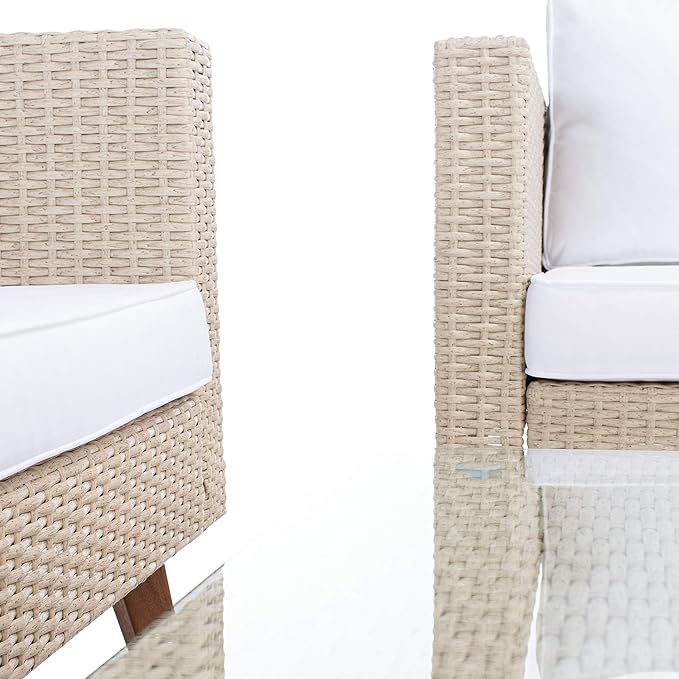 SAFAVIEH Outdoor Collection Presla Wicker Cushion 6-Piece Living Set PAT7715B-3BX, Beige/White