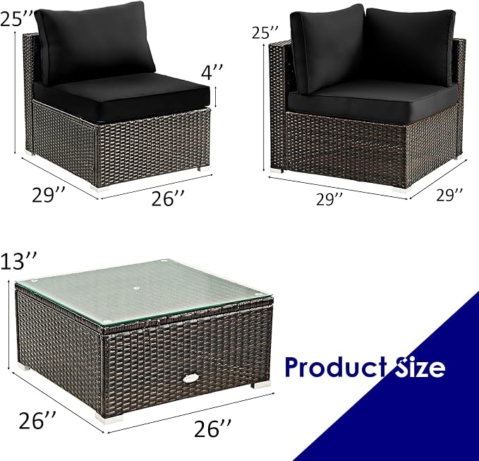 DORTALA 5 Pieces Patio Furniture Set, Outdoor Rattan L-Shaped Corner Sofa Set with Cushions, Coffee Table, Patio Sectional Conversation Set for Backyard Porch Garden Poolside, Black