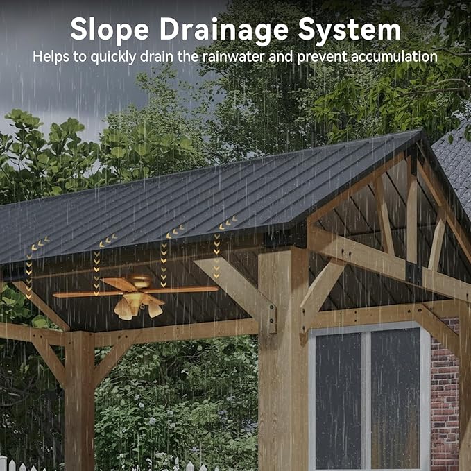 Aoxun 10' x 12' Outdoor Wood Gazebo, Hardtop Gazebo Permanent Wooden Pavilion with Gable Galvanized Steel Roof for Patio, Garden, Backyard, Natural