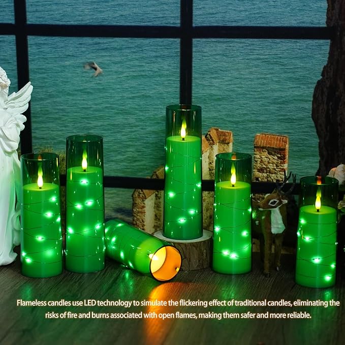 Nimiko Flickering Flameless LED Candles,Battery Operated Candles 9 Pcs with Embedded Star String,Acrylic LED Pillar Candles with Remote,Suitable for Home Decoration to Create an Atmosphere (Green)