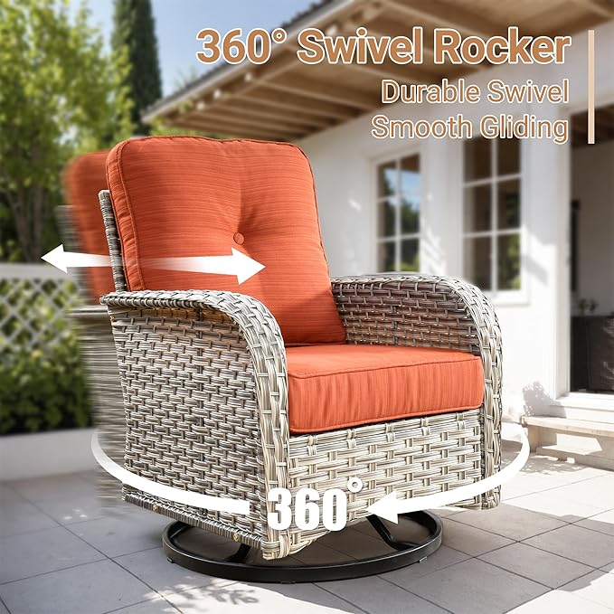 HOOOWOOO Patio Furniture Set,5 Pieces Wicker Outdoor Furniture,High Back Conversation Set with All Weather Resistant Swivel Chairs with Ottoman Side Table,Orange Red