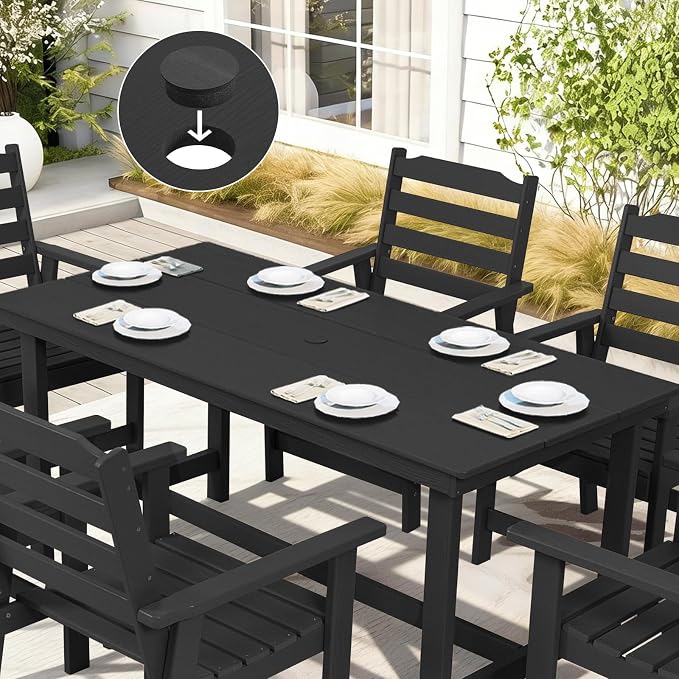 FUNBERRY Outdoor Dining Table, HDPE 6-Person Patio Table with Umbrella Hole | Wood-Grain, HDPE All Weather, No Rot or Rust or Crack, UV Fade Shield, 220LBS Weight Capacity, Easy-Clean for Outside