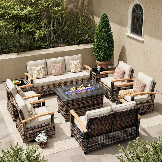 MEISSALIVVE 9 Pieces Patio Furniture Sets with Fire Pit Table, Wicker Outdoor Conversation Sets with 2 Swivel Rocker Chairs, 3-seat Sofa and Side Table(Beige)