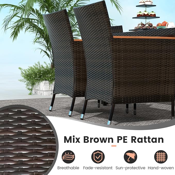 7-Piece Outdoor Wicker Dining Set with Umbrella Hole, Patio Dining Furniture with Acacia Wood Table and Chairs, for Garden, Backyard, Desk & Poolside (Brown)