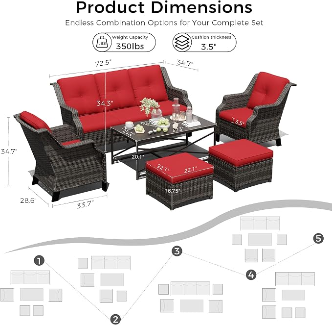 Outdoor Patio Furniture Set, 6 Piece Wicker Patio Furniture with Thick Cushions, Curved Armrest, Deep Seating, Rattan Outdoor Chairs for Porch, Deck, Balcony