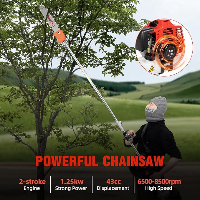 2-Stroke 43CC Gas Trimmer Saw, 12 in Gas Powered Pole Saw Tree Trimmer Chainsaw Side-attached Branch Cutter Split Shaft Pruner Trimmer with Extension Pole for Agriculture, Gardening
