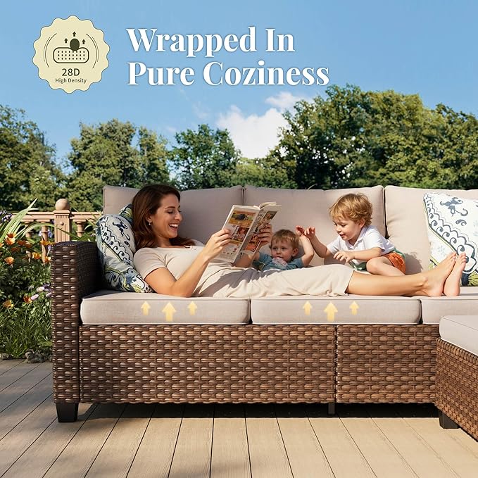 Patio Furniture Set, 5 Pcs Wicker Rattan Outdoor Conversation Set, 2 x Leg Chairs, 1 x 3 Seater Sofa and 2 x Ottoman with 4" Thick Cushion, Beige