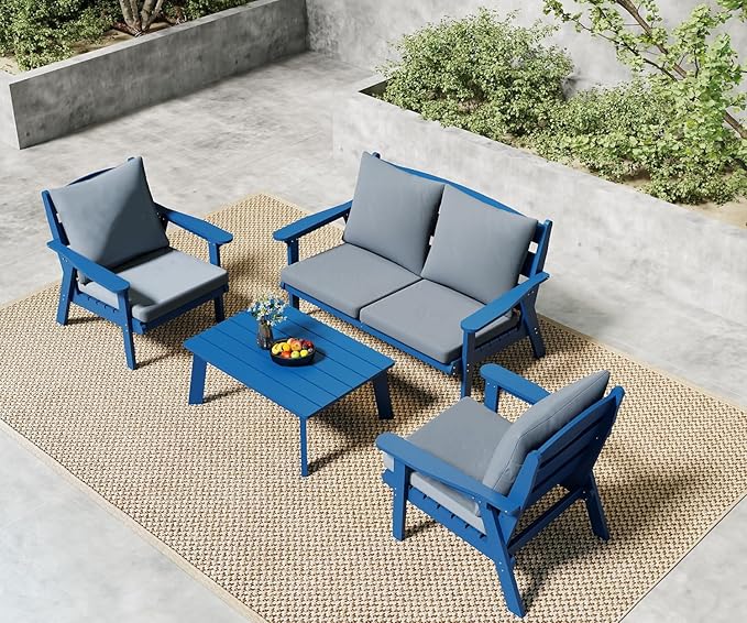 FOOWIN 4-Piece Patio Furniture Set, HDPE All-Weather Outdoor Conversation Set with Thick Cushions, Sectional Patio Sofa Furniture for Deck, Porch, Lawn, Garden, Navy Blue Frame & Grey Cushion