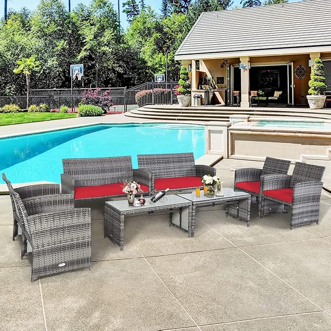 COSTWAY Patio Furniture Set 8 Pieces, Outdoor Wicker Chairs Sofa w/Coffee Table and Soft Cushions, Rattan Conversation Sets for Patio Lawn Backyard Yard Pool Garden, Red