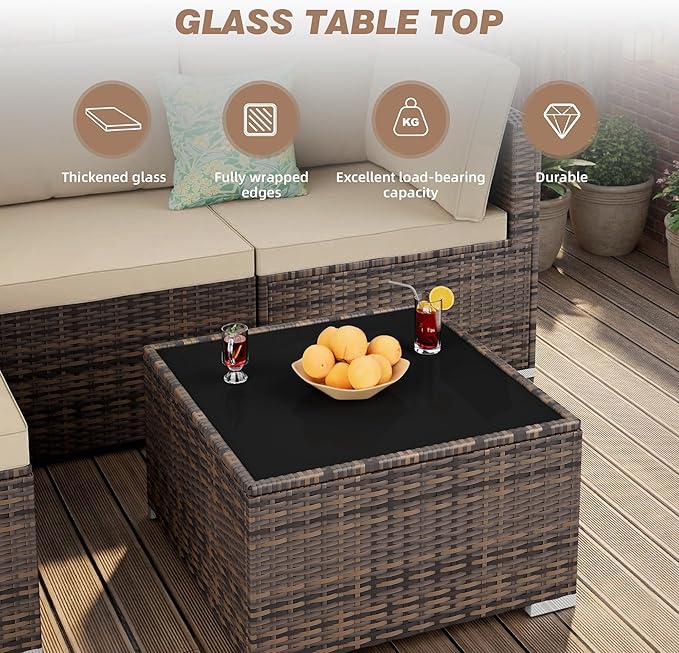 5 Piece Patio Furniture Sets, All-Weather PE Rattan Wicker Outdoor Sectional Sofa with Cushions and Glass Table for Garden Backyard Poolside