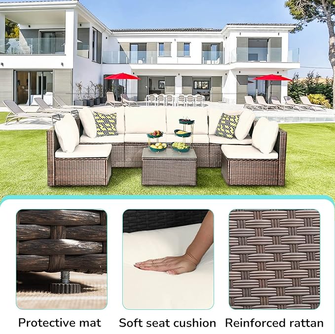 PayLessHere Patio Furniture Set 7 Pieces Outdoor Furniture Wicker Conversation Set Sectional Sofa and Coffee Table Wicker Patio Conversation Sets for Backyard Porch Balcony Poolside,Khaki Cushion