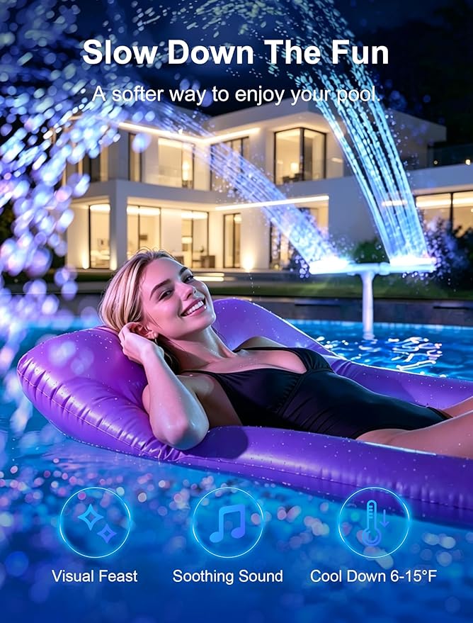 POOLHOUR Pool Fountain with 10 Colors Rainbow Lights for Above Ground/Inground Pools, Dual-Head Adjustable Pool Waterfall & Pool Sprinkler with Timer, 5000mAh Battery, Remote-Controlled, Grey