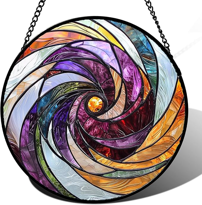 DASTOLL Stained Glass Window Hanging, Colorful Abstract Spiral Pattern Suncatcher for Doors Window Home Sun Catchers Decoration Mother's Day Birthday Gifts for Women, Men, and Mom 15 in
