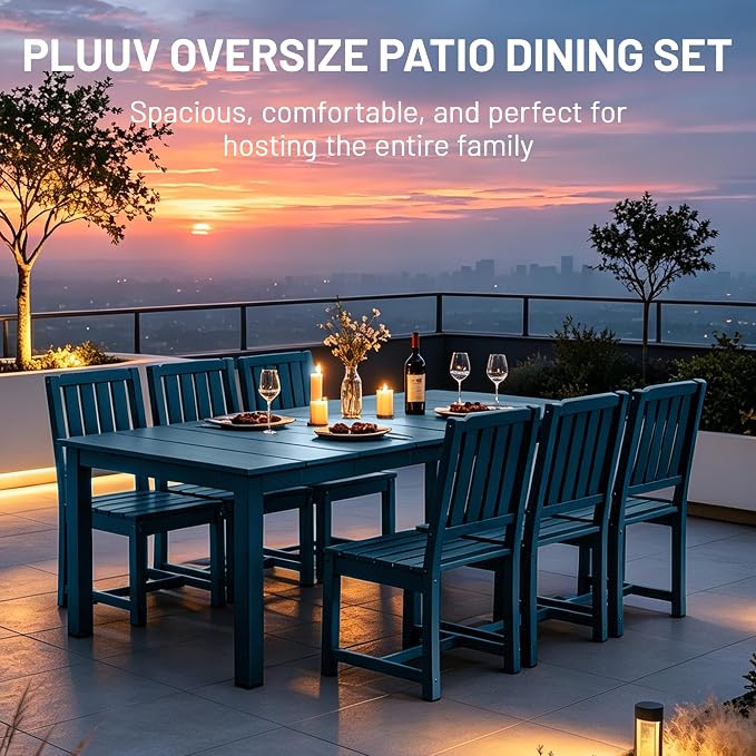 PLUUV 7-Piece Outdoor Dining Set – HDPE Patio Furniture with Umbrella Hole Table, Aluminum Legs, and 6 Armless Chairs, Weatherproof & Easy-Clean for Backyard, Garden, Navy Blue