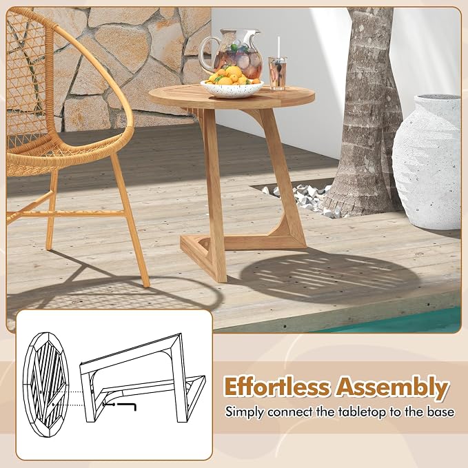 Giantex Teak Wood Outdoor Side Table, Round Patio End Table with Slatted Tabletop, Waterproof Sofa and Couch Side Table for Porch, Poolside, Living Room, Small Spaces, Easy Assembly, Natural