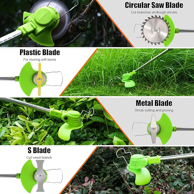 Electric Weed Wacker Cordless with Wheels, 2pcs Batteries&4 Types Blades,Lightweight, Low Noise 21V Battery Powered Weed Wacker, 3-in-1 Grass Trimmer/Brush Cutter/Edger, for Thick Weeds&Yard Garden