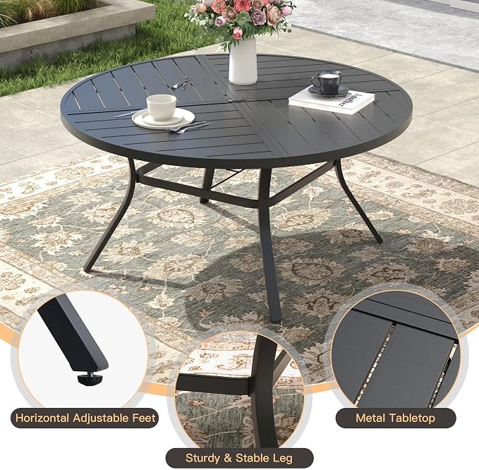 Outdoor Dining Set for 6, 50.1" Metal Round Outdoor Dining Table with Umbrella Hole and Sling Patio Swivel Chairs, 7 Pieces Patio Table and Chairs Set for Garden Backyard, Charcoal and Black
