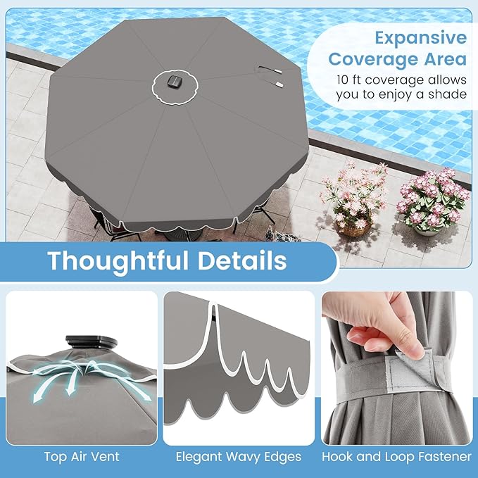 HAPPYGRILL 10 FT Patio Umbrella with Solar Lights, Market Sunshade with Ruffles, Vented Top, Tilt Adjustment & Built-in Crank, Outdoor Parasol Canopy for Backyard Poolside Deck Beach Lawn