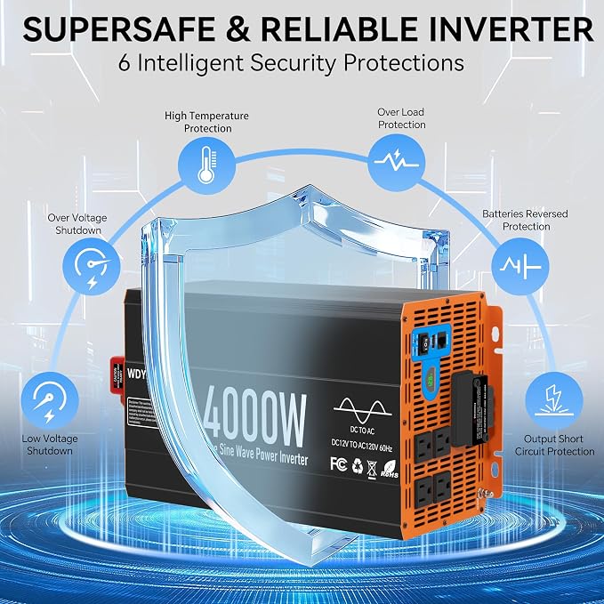 4000W Pure Sine Wave Inverter,12V DC to 120V AC Car Power Inverter 8000W Peak with 4 AC Outlets, 3.0A USB and Type-C, LCD Display 16.5 ft Remote Control for RV Truck Travel Solar Emergency