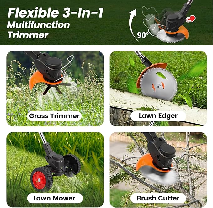 ALSO GO Cordless Weed Wacker 24V, Electric Grass Trimmer with 2 * 4A Batteries & Charger, 3 in 1 Stringless Weed Trimmer, Battery Powered Weed Eater/Brush Cutter/Lawn Mover for Garden and Yard