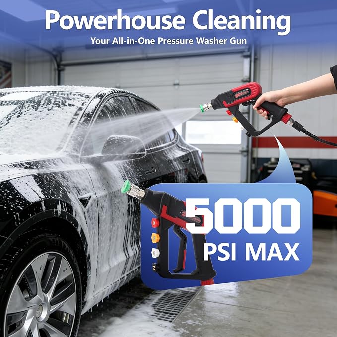 Short Pressure Washer Gun with Swivel, 5000 PSI Power Washer Gun, 3/8" Quick Connect, M22-14mm and M22-15mm Adapter, 5 Nozzle Tips, Trigger Lock for Car Wash and Cleaning