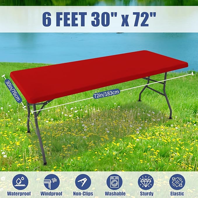 Moosfor Spandex 6 Foot Rectangle Christmas Table Cloth 2 Pack, Elastic Fitted Tablecloths for Picnic, Stretch Washable Patio Table Cover for Outdoor, Camping, Banquet and Parties (Red, 30"x72")