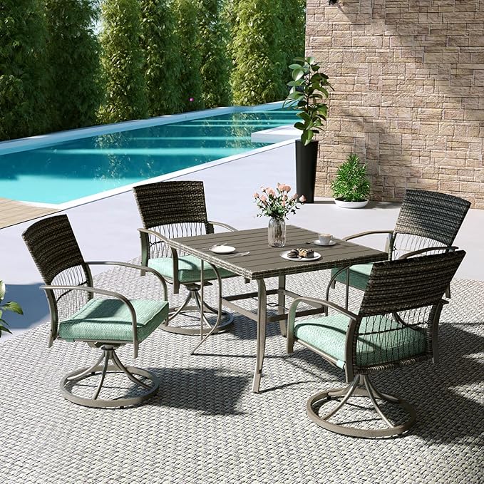 Pamapic 5-Piece Outdoor Dining Set, Rattan Patio Furniture with Swivel Chairs, Iron Slats Table & Removable Cushions for Deck, Backyard, Garden, Green