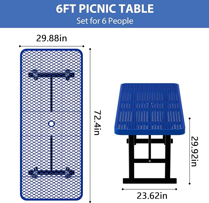 6FT Picnic Tables for Outdoors,Blue Rectangular Heavy Duty Commercial Picnic Table with Umbrella Hole,Weather-Resistant Camping Table Dining Table for Backyard, Patio, Garden, Shops, Parks