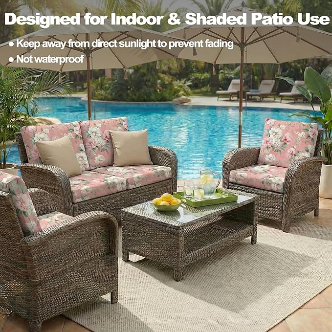 CALBODE 8 Pcs Stretch Outdoor Seat Cushion Covers, Washable Chair Seat Cover for Patio Furniture Cushions Soft Indoor and Outdoor Couch Cover Replacement (Pink Blooming, Cover Only)