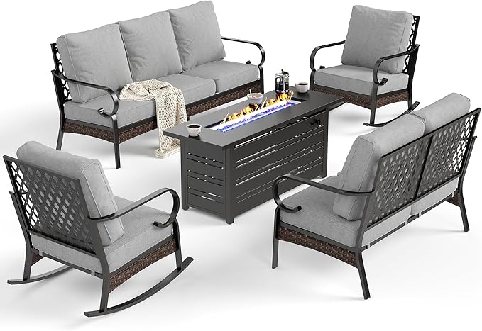 5 Piece Black Metal Outdoor Patio Furniture Sets with Firepit Table, Patio Conversation Sets 1 3-Seater Sofa, 1 Loveseat, 2 Rocking Sofa with 5.75" Cushion for Backyard, Light Gray