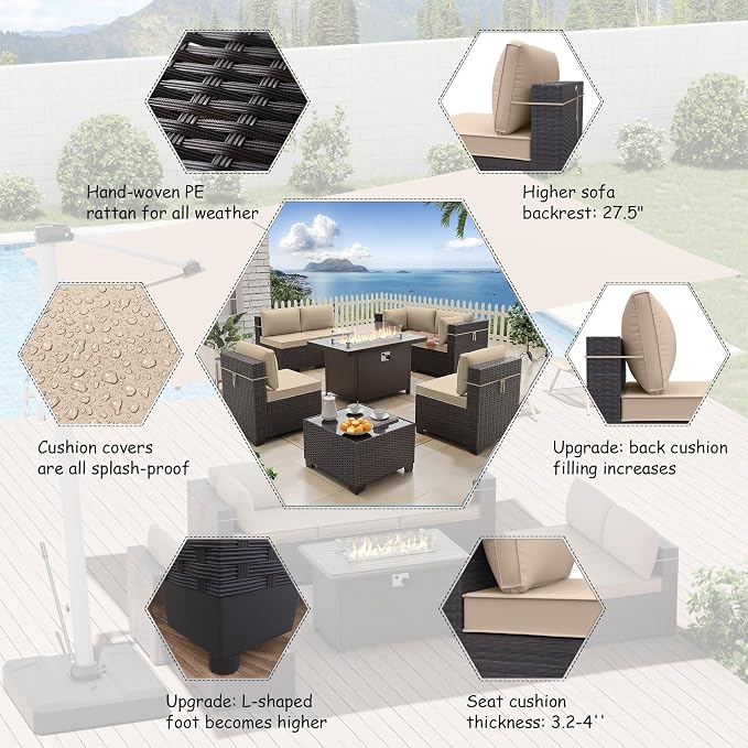 ALAULM 8 Pieces Patio Furniture Set with Aluminum Fire Pit Table Outdoor Furniture Sets 55000BTU Gas Fire Pit Brown PE Rattan Wicker Patio Conversation Sets w/6 Cushions-Sand