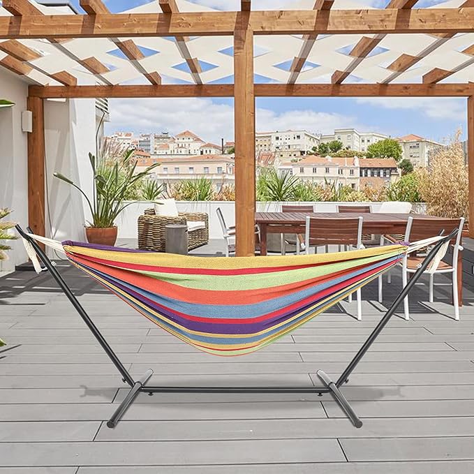 Cotton Hammock with Space Saving Steel Stand,9ft Black Steel Pipe Hammock Frame with 200 * 150cm Polyester Cotton Hammock Iron Hammock Set (Color Stripe)