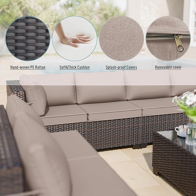 ALAULM 10 Pieces Patio Furniture Set with 2 Swivel Chairs Wicker Patio Conversation Set, Outdoor Sectional Furniture w/Coffee Table & Washable Seat Cushions-Sand